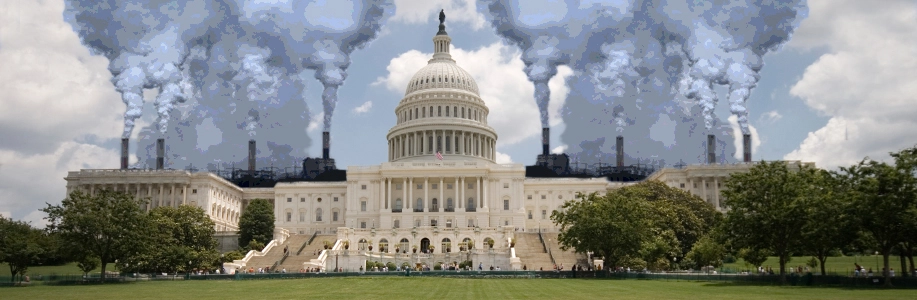 Capitol building with smokestacks superimposed behind it