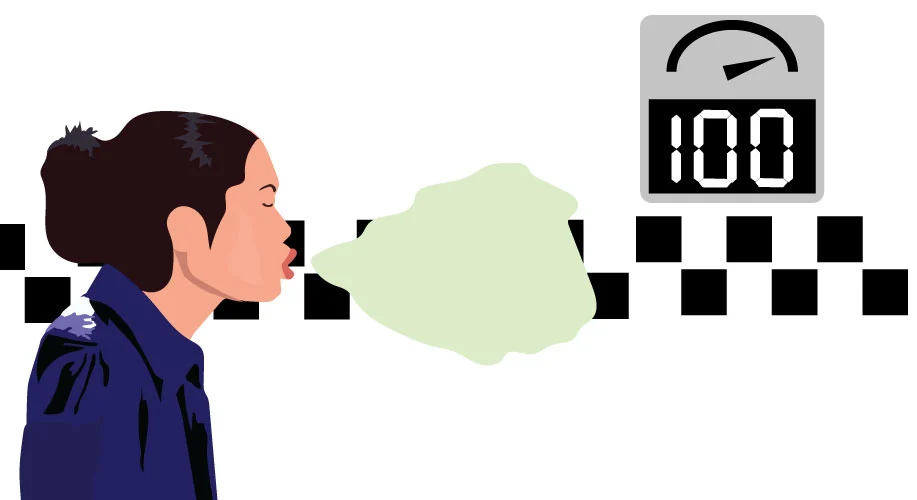 Graphic illustrating a woman sneezing and a speedometer that says 100